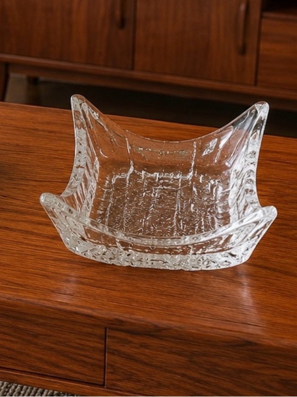 Vintage Iittala Square Glass Bowl With Ice Textured Base.